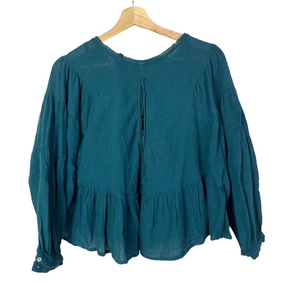 Free People Teal Blue Gauze Cotton Peplum Open Back Long Sleeve Blouse XS - Picture 2 of 4